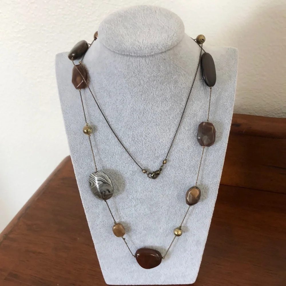 4/$20 Long Large Bead Necklace Brown and Gold Tones with Silver Tone Accent Bead
